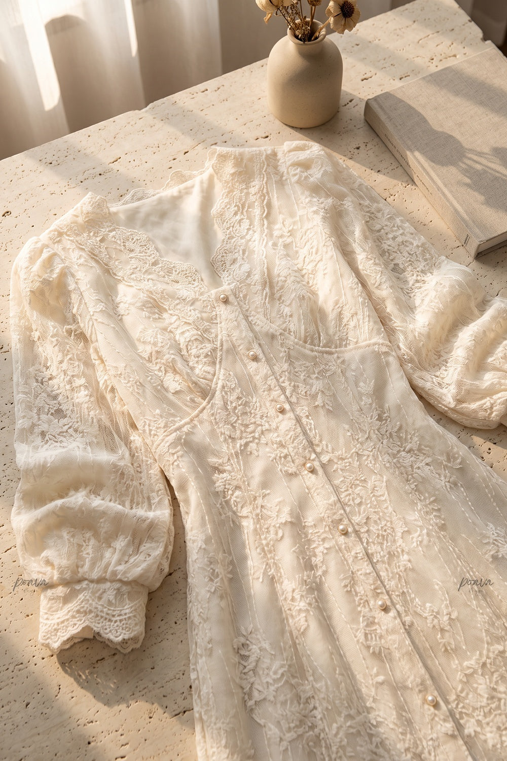 Off-White Embroidered Lace A-Line Maxi Dress Flowering Girl