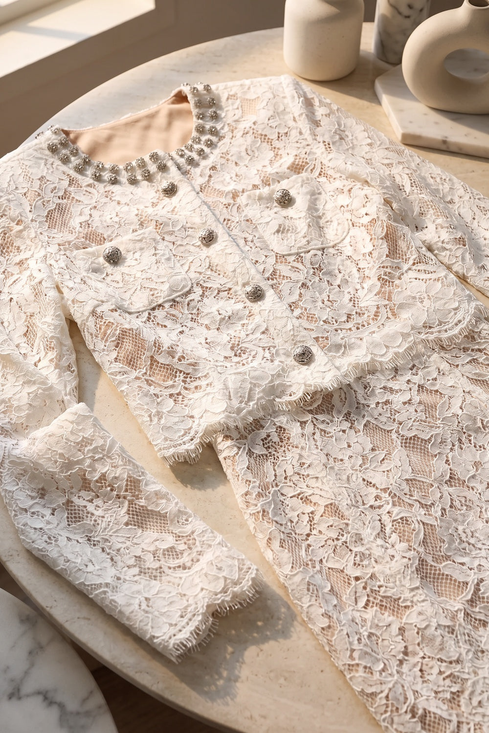 White Floral Corded Lace Two-Piece Skirt Suit Flowering Girl