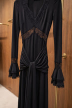 Black Stretch Maxi Dress with Lace Trim and Tiered Cuffs Flowering Girl