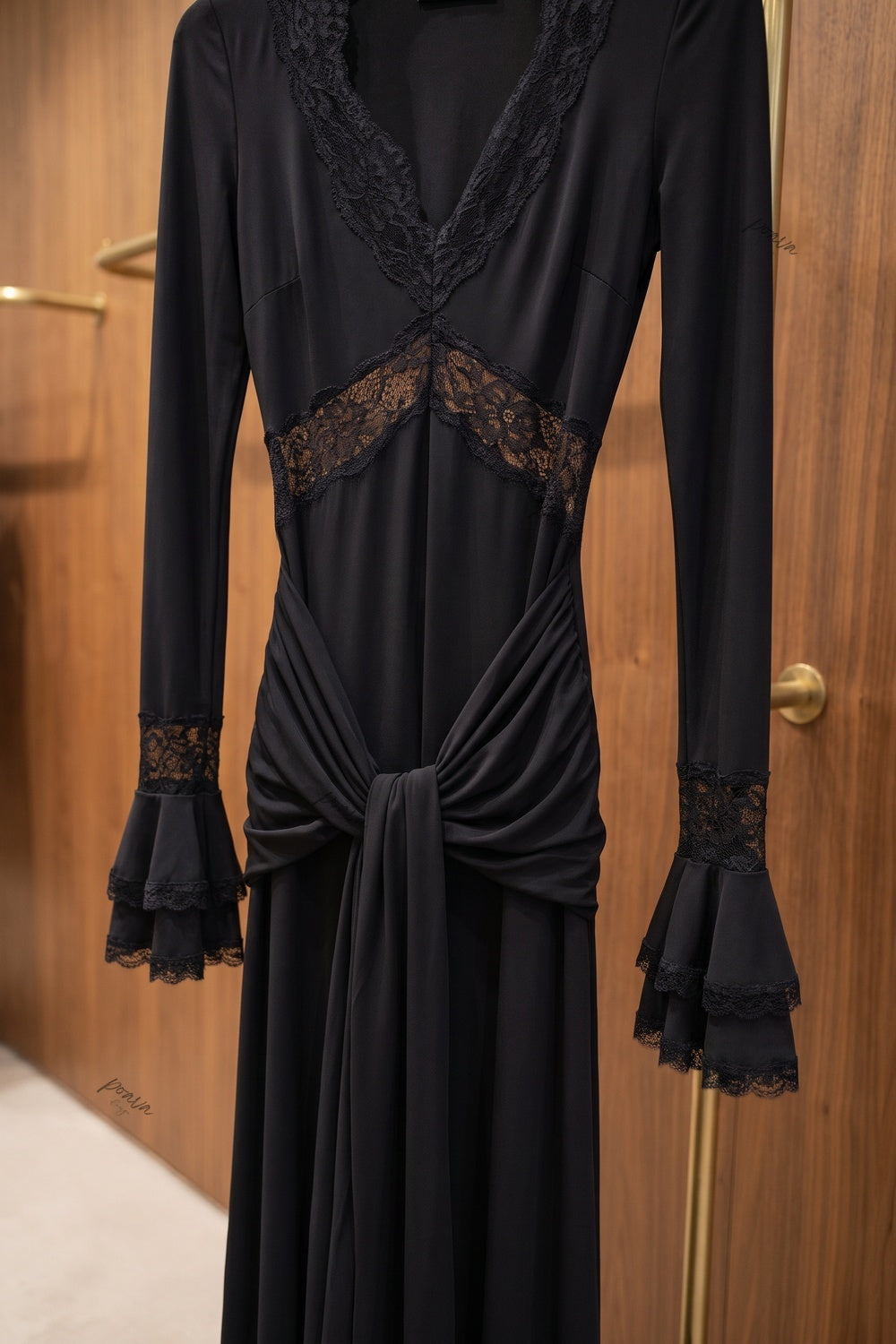 Black Stretch Maxi Dress with Lace Trim and Tiered Cuffs Flowering Girl