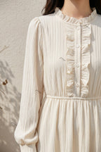 Cream A-Line Midi Dress with Bishop Sleeves and Ruffled Front Placket Flowering Girl