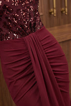 burgundy sequined mesh column evening gown Flowering Girl
