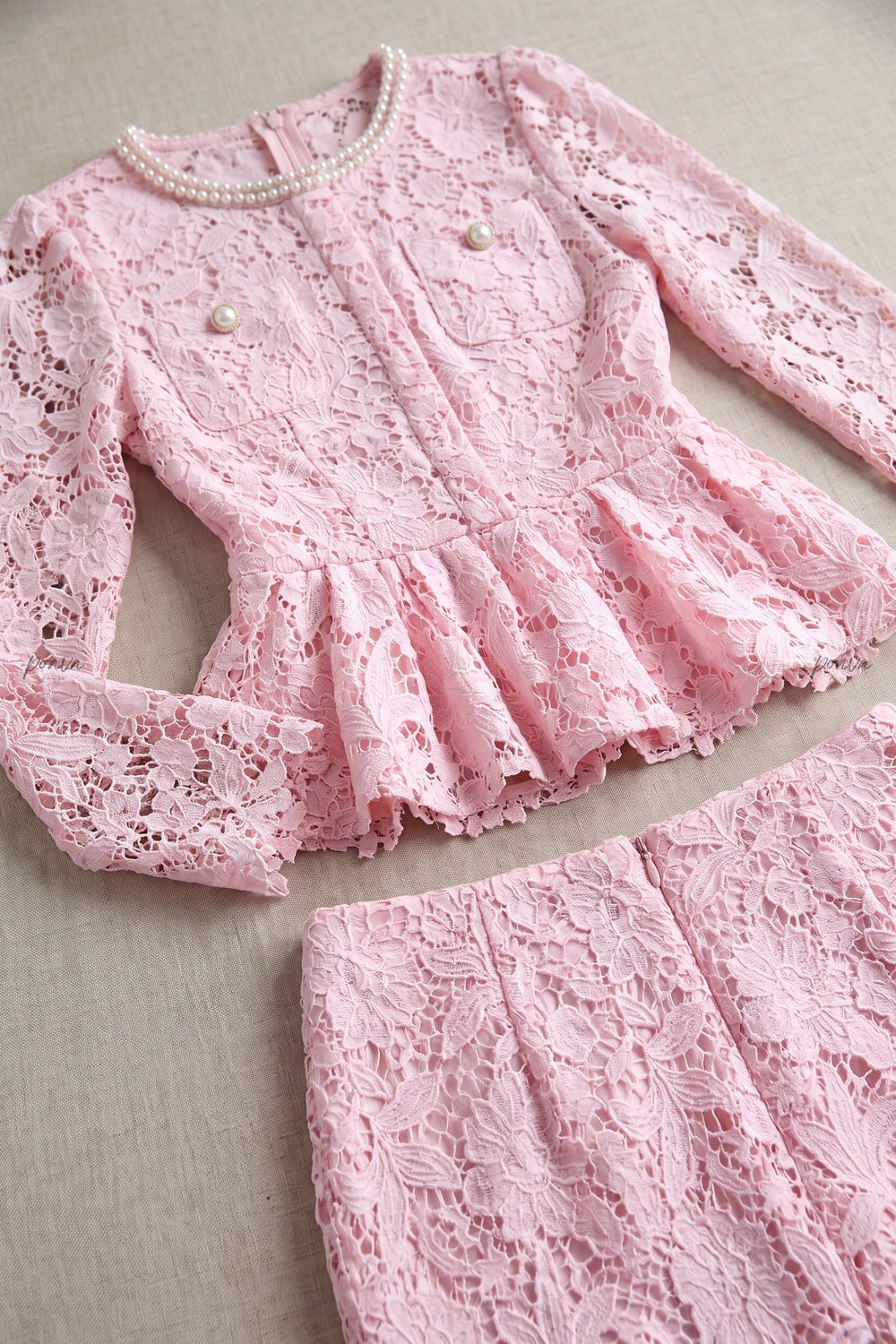 Light Pink Floral Lace Two-Piece Peplum Top and Midi Pencil Skirt Set Flowering Girl