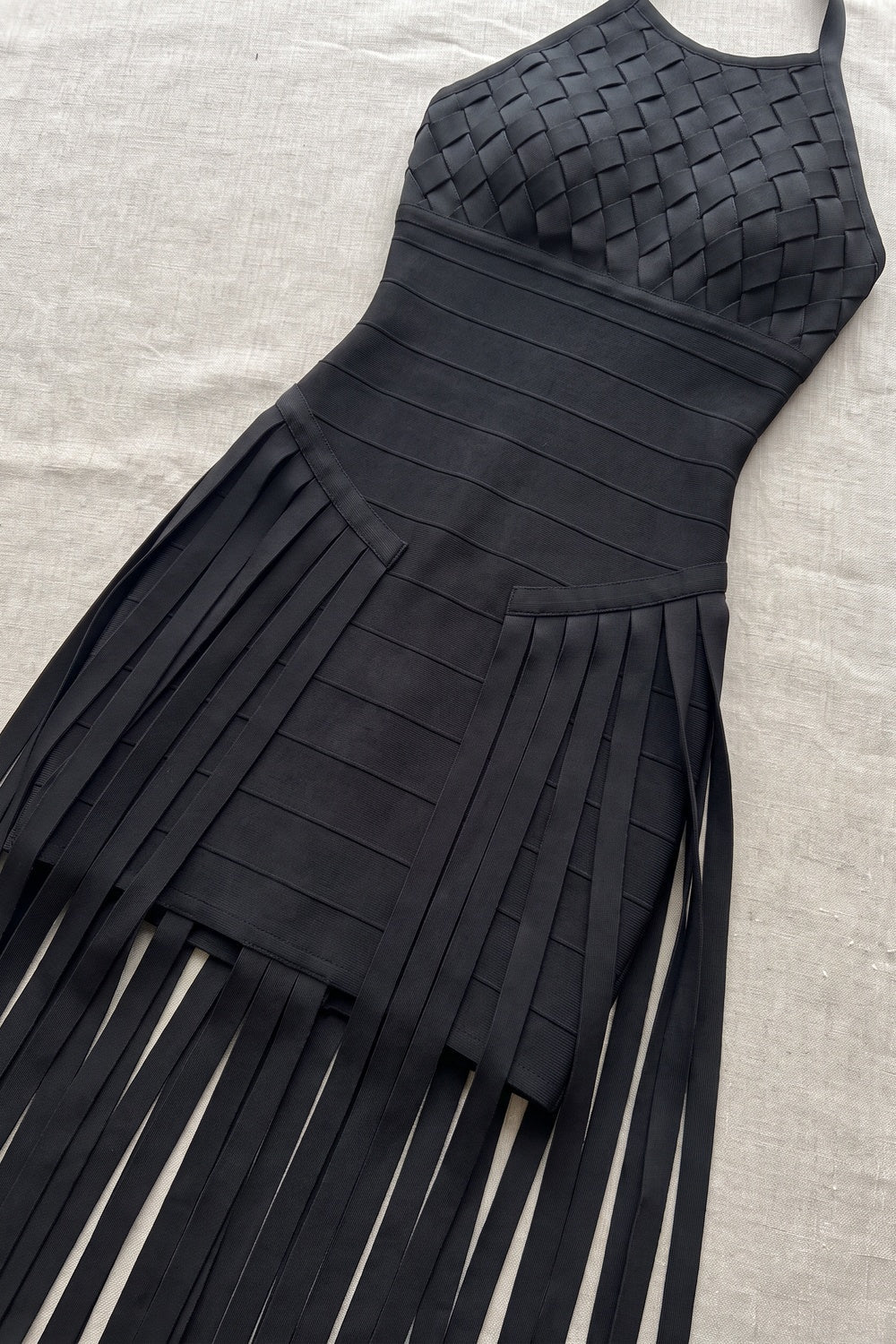 Black Bandage Knit Bodycon Gown with Fringe Overlay Flowering Girl
