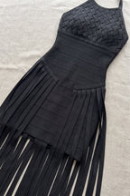 Black Bandage Knit Bodycon Gown with Fringe Overlay Flowering Girl