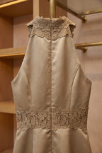 Taupe Structured Satin A-Line Midi Dress with Lace Band Detail Flowering Girl