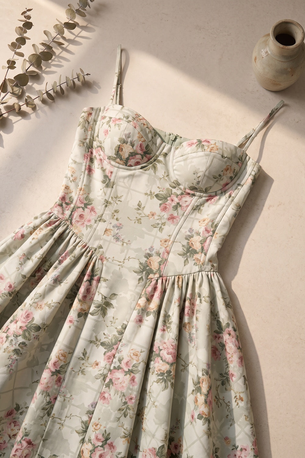 Pale Sage Green Structured Woven Cotton or Jacquard Fit-and-Flare Dress Flowering Girl