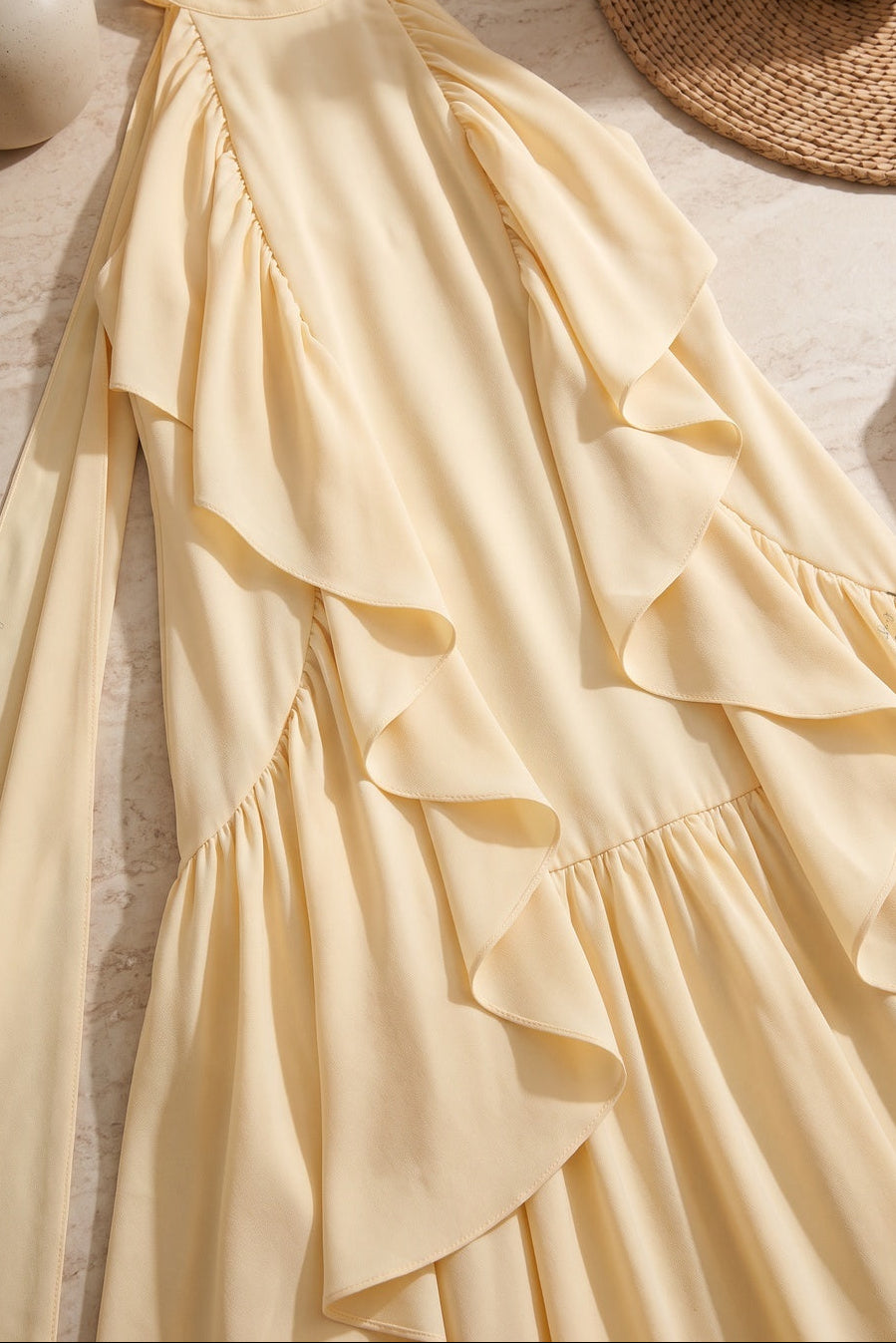 Pale Yellow Tiered A-Line Maxi Dress with Cascading Ruffles Flowering Girl