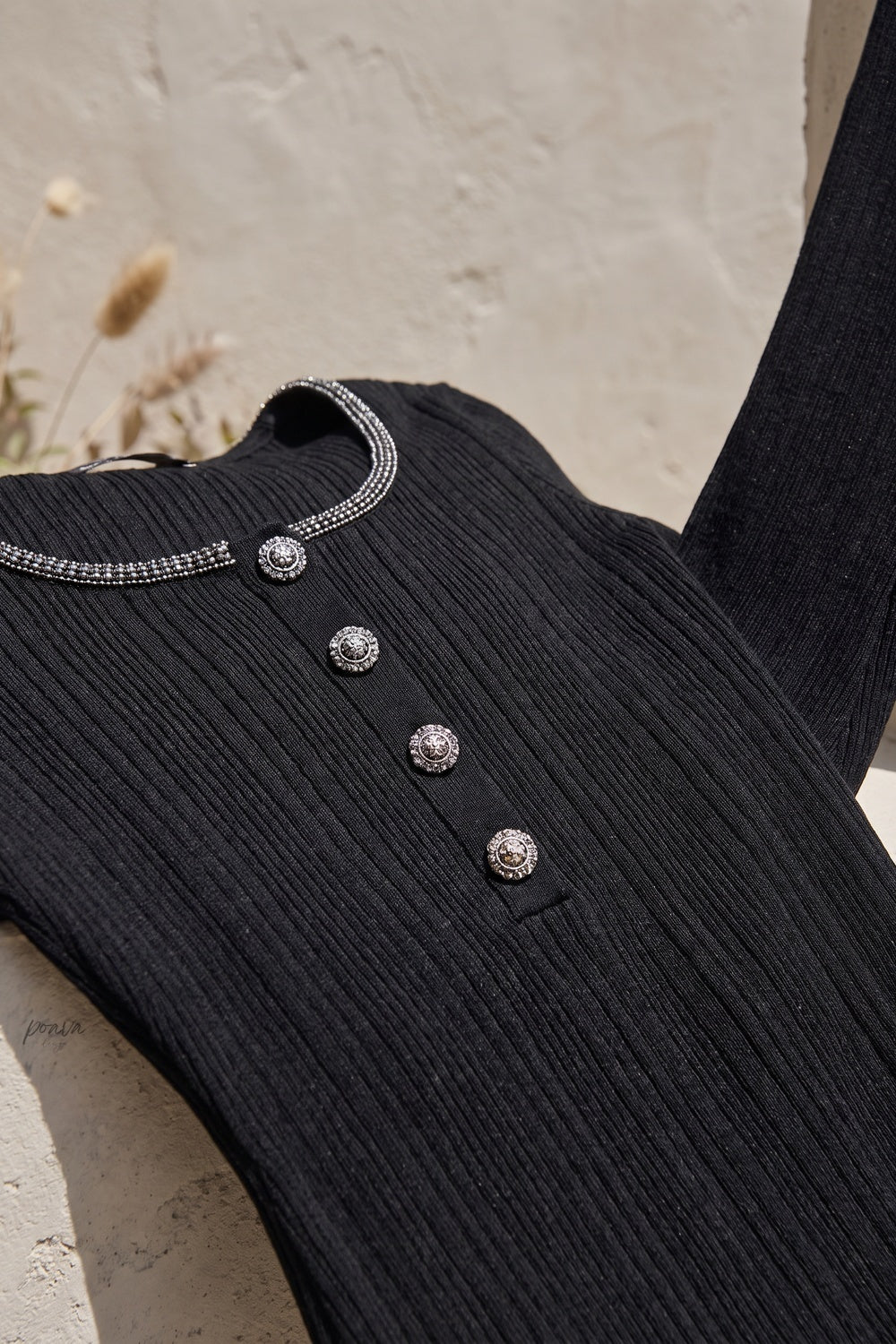 Black Ribbed Knit Fitted Top with Metallic Detail Flowering Girl