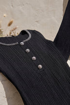 Black Ribbed Knit Fitted Top with Metallic Detail Flowering Girl