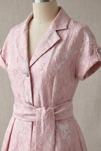 Pale Pink Floral Jacquard Fit-and-Flare Midi Dress with Metallic Sheen Flowering Girl