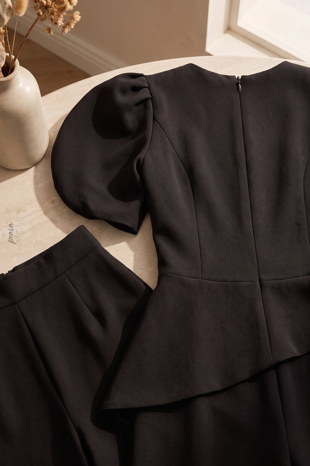 Black Structured Crepe Two-Piece Set with Puff Sleeves and Asymmetrical Peplum Flowering Girl