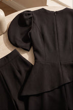 Black Structured Crepe Two-Piece Set with Puff Sleeves and Asymmetrical Peplum Flowering Girl