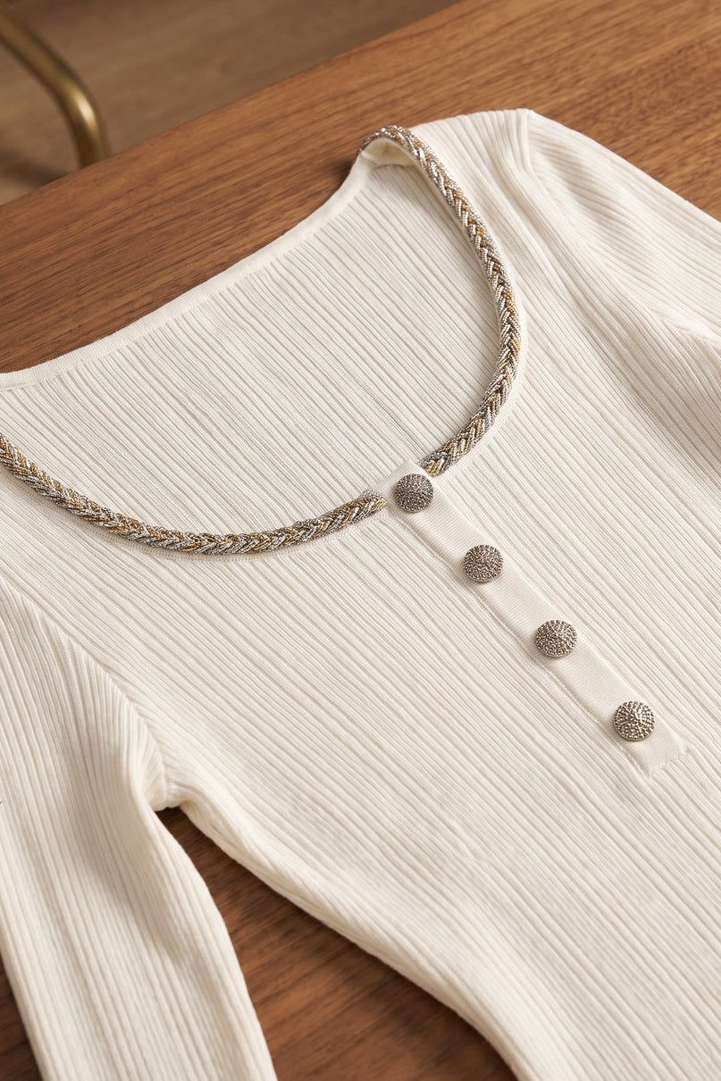 Ivory Ribbed Knit Top with Metallic Beaded Scoop Neckline Flowering Girl