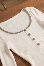 Ivory Ribbed Knit Top with Metallic Beaded Scoop Neckline Flowering Girl