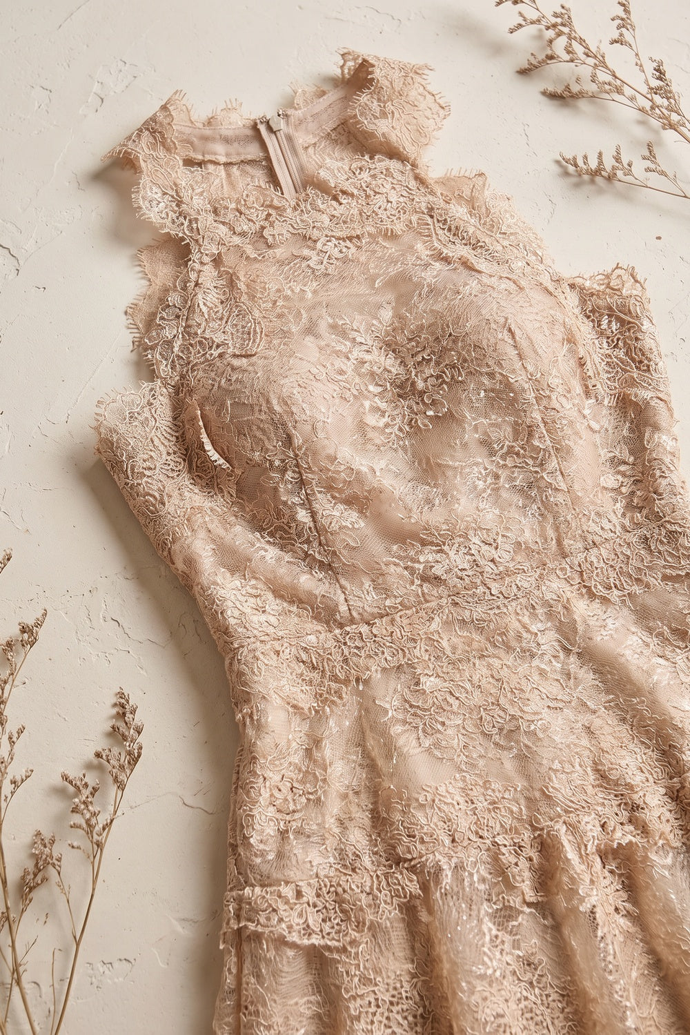 Beige Corded Floral Lace A-Line Midi Dress with Asymmetrical Hem Flowering Girl