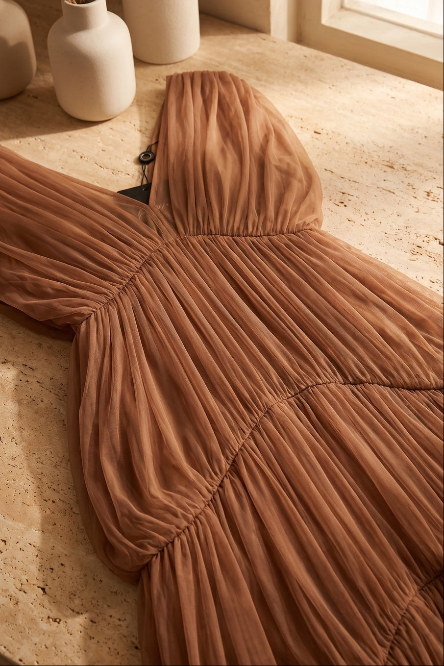 Brown Sheer Tulle Mesh Tiered Cocoon Dress Flowering Girl