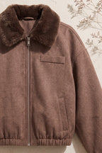 Medium Brown Boxy Bomber Jacket with Faux Fur Collar Flowering Girl