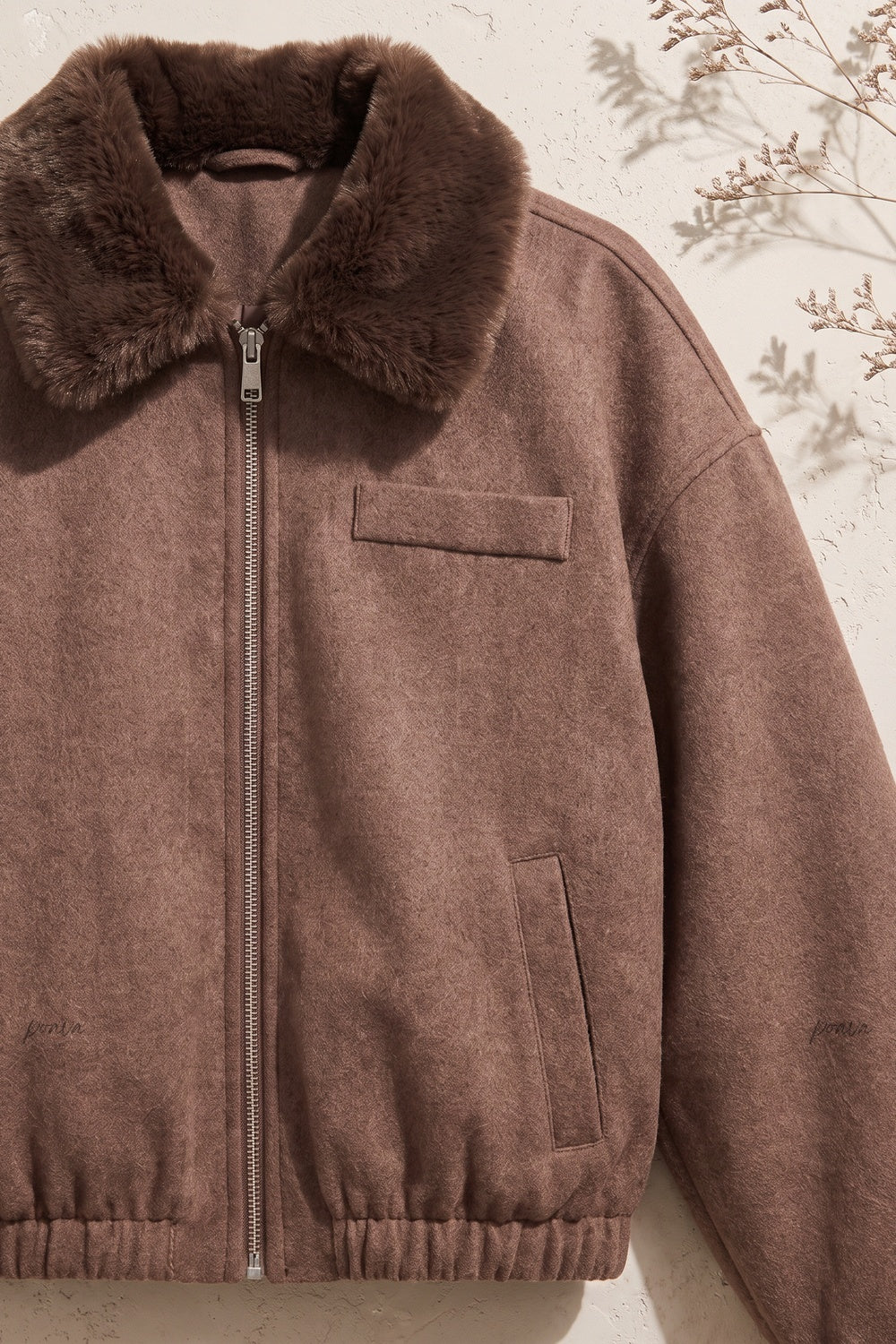 Medium Brown Boxy Bomber Jacket with Faux Fur Collar Flowering Girl