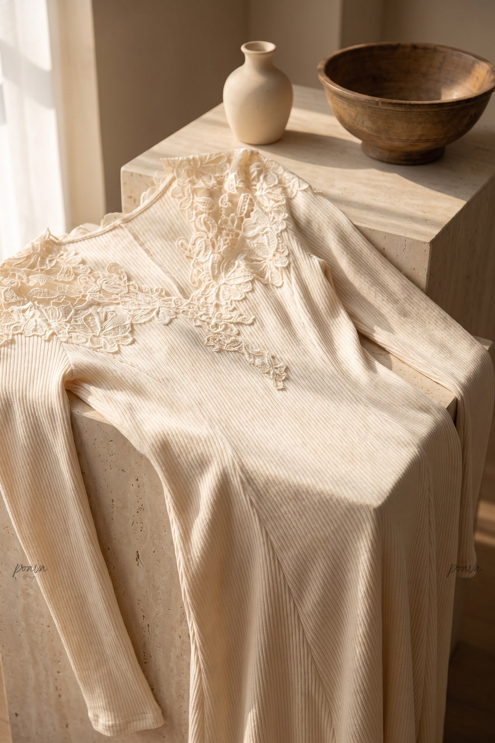 Cream Ribbed Knit Maxi Dress with Lace V-Neck Flowering Girl