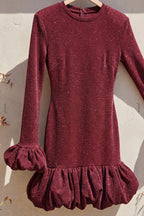Burgundy Lurex Knit Fitted Bodycon Dress with Voluminous Bubble Hem Flowering Girl