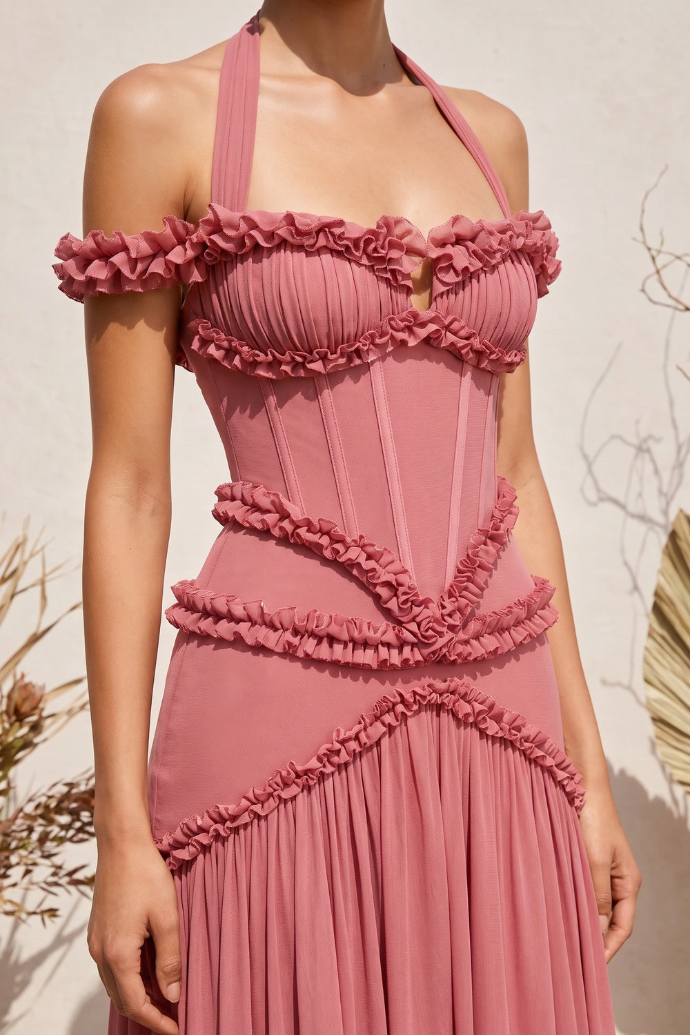 Dusty Rose Fitted Corset Gown with Tiered Ruffles and Halter Neck Flowering Girl