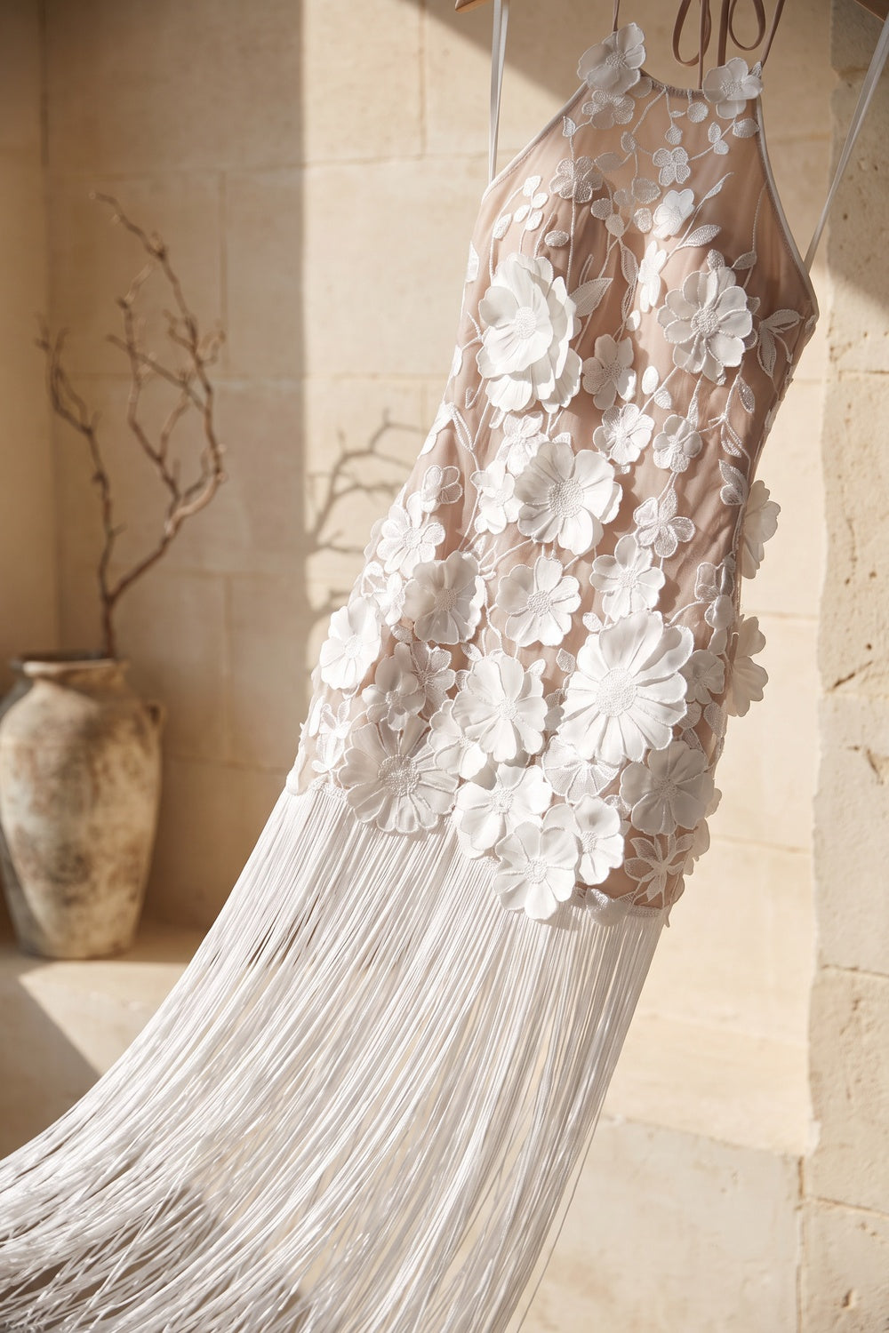 White 3D Floral Mesh Lace Maxi Dress with Fringe Overlay Flowering Girl