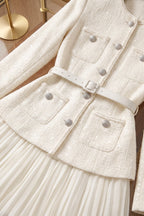 Off-White Tweed Skirt Suit Set with Peplum Jacket and Pleated Mini Skirt Flowering Girl