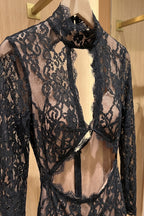 Black Floral Lace Column Gown with Front Slit and Cutouts Flowering Girl