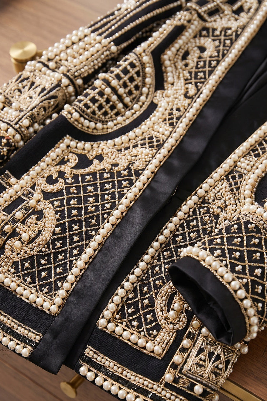 Black Structured Longline Blazer with Pearl and Gold Embroidery Flowering Girl