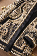 Black Structured Longline Blazer with Pearl and Gold Embroidery Flowering Girl