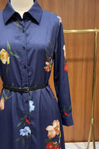 Navy Blue Floral Satin-Weave A-Line Shirt Dress Flowering Girl
