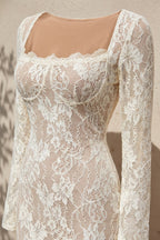 Champagne Beige Lace Midi Bridal Dress Square Neck Long Flare Sleeve Bodycon Wedding Guest Dress Flowering Girl