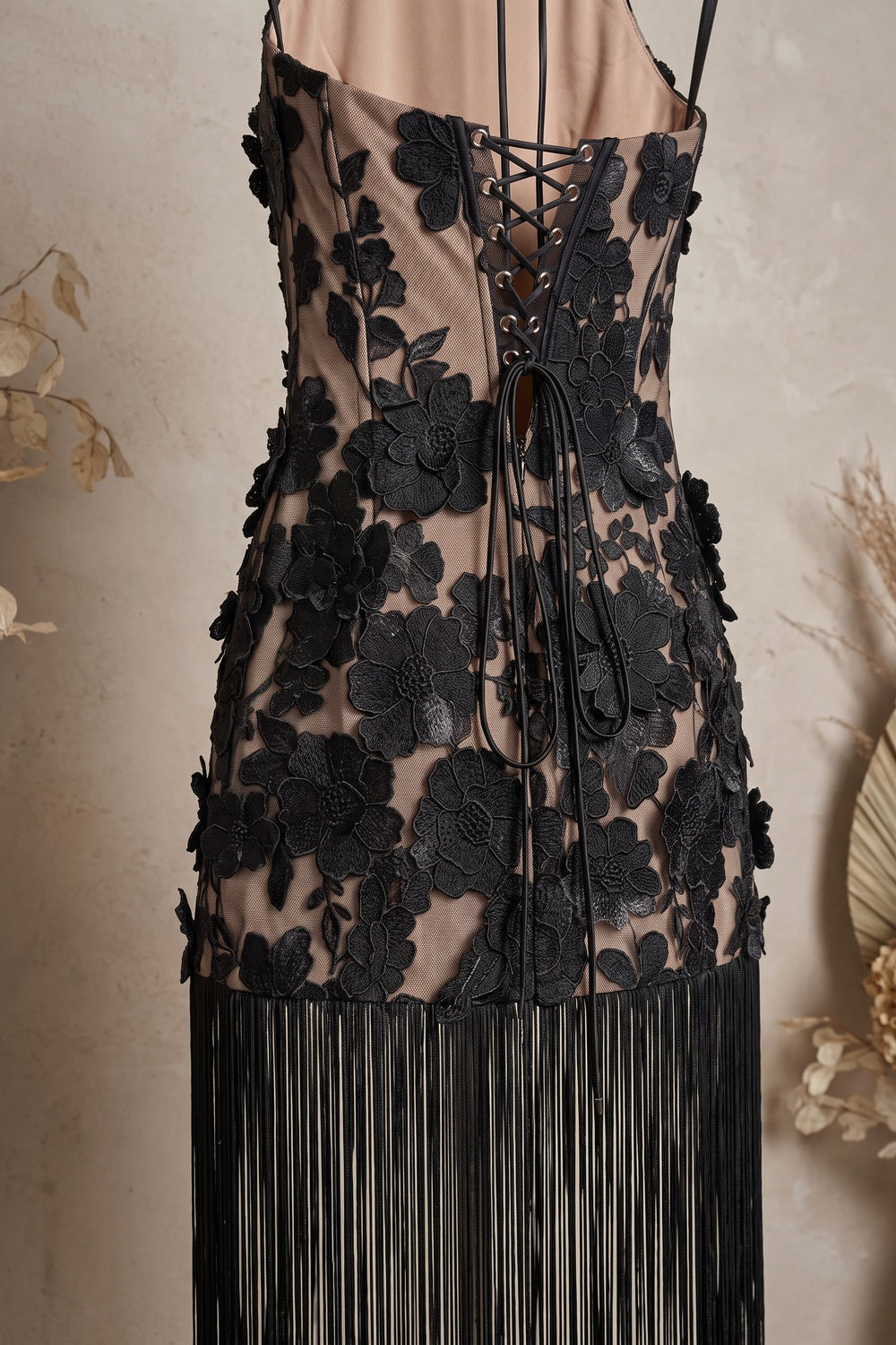 Black Floral Lace Applique Mesh Fitted Halter Mini Dress with Floor-Length Fringe Flowering Girl