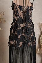 Black Floral Lace Applique Mesh Fitted Halter Mini Dress with Floor-Length Fringe Flowering Girl