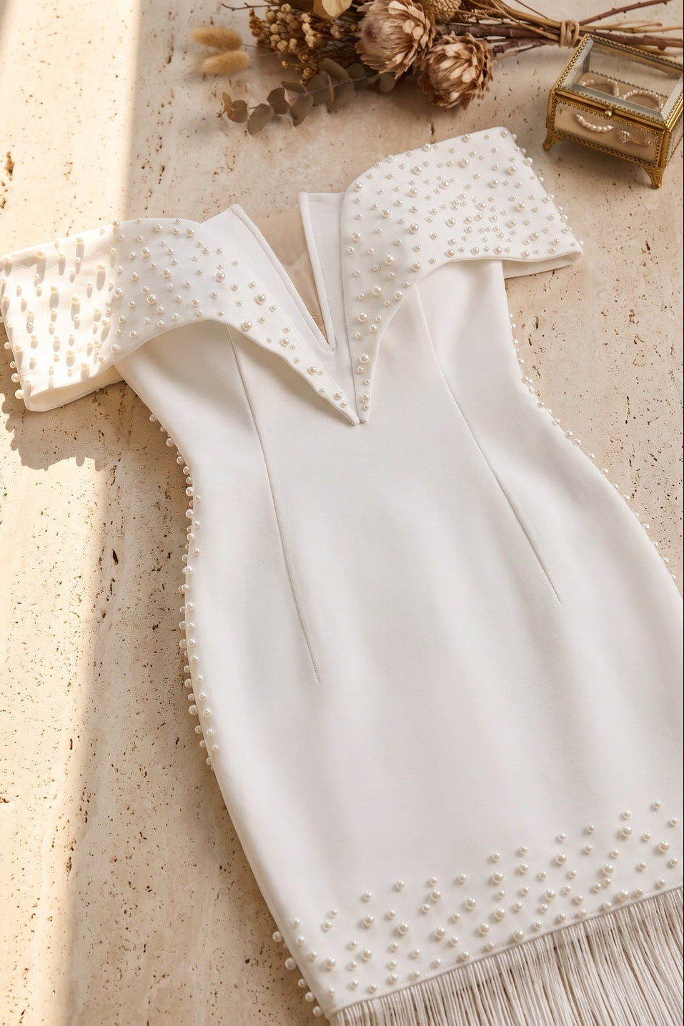White Off-The-Shoulder Fitted Sheath Dress with Fringe and Pearl Details Flowering Girl