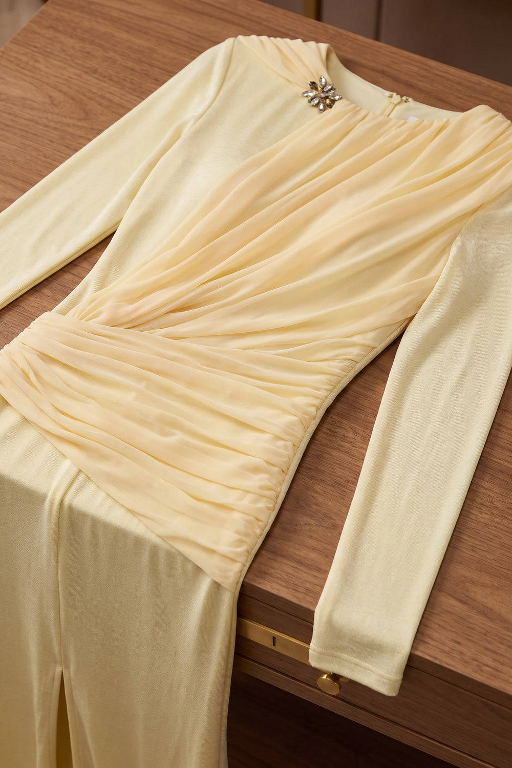 Pale Yellow Fine Stretch Knit Column Evening Gown with Asymmetric Draped Cape Flowering Girl