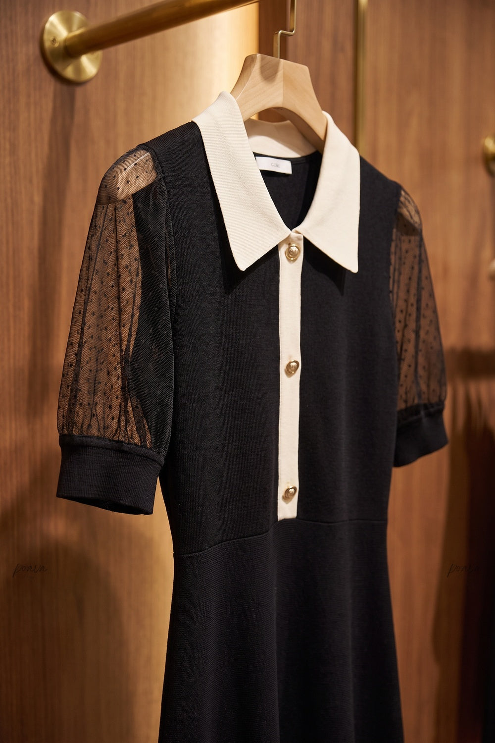 Black Fine Knit A-Line Dress with Contrast Collar Flowering Girl