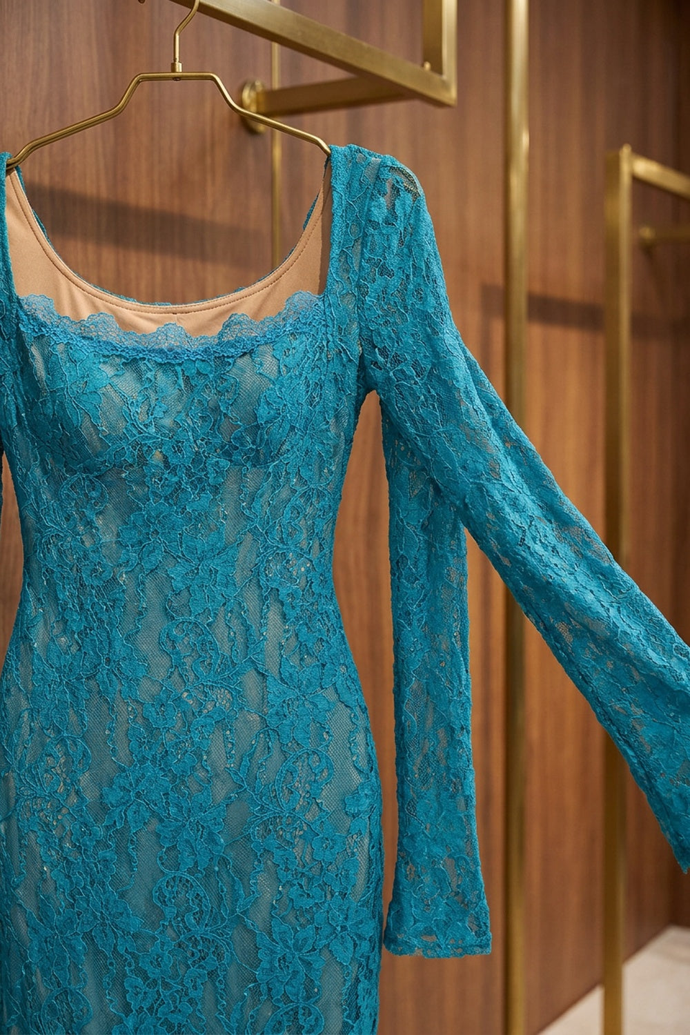 Turquoise Floral Lace Midi Dress, Square Neck Long Sleeve Bodycon Formal Dress Flowering Girl