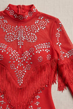 Red Heavy Stretch Knit Bodycon Mini Dress with Silver Crystal Fringe Flowering Girl