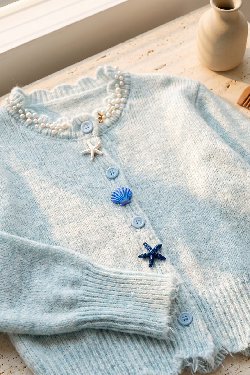 Light Blue Fuzzy Mohair-Blend Cropped Cardigan Flowering Girl