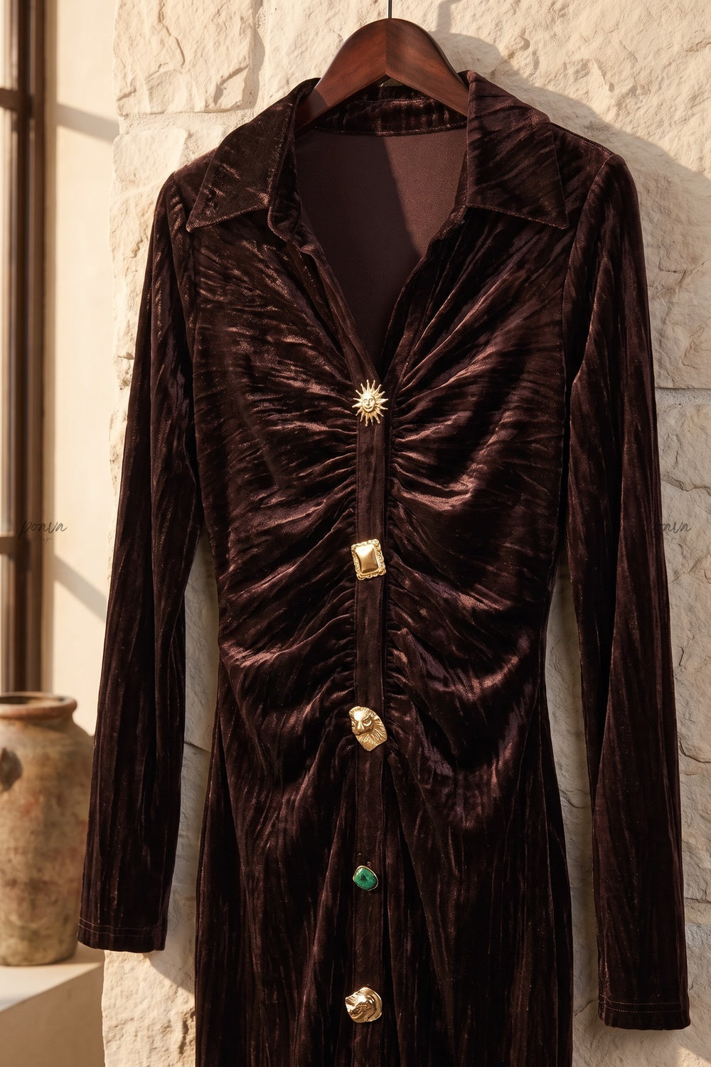 Dark Brown Crushed Velvet Column Maxi Shirt Dress Flowering Girl