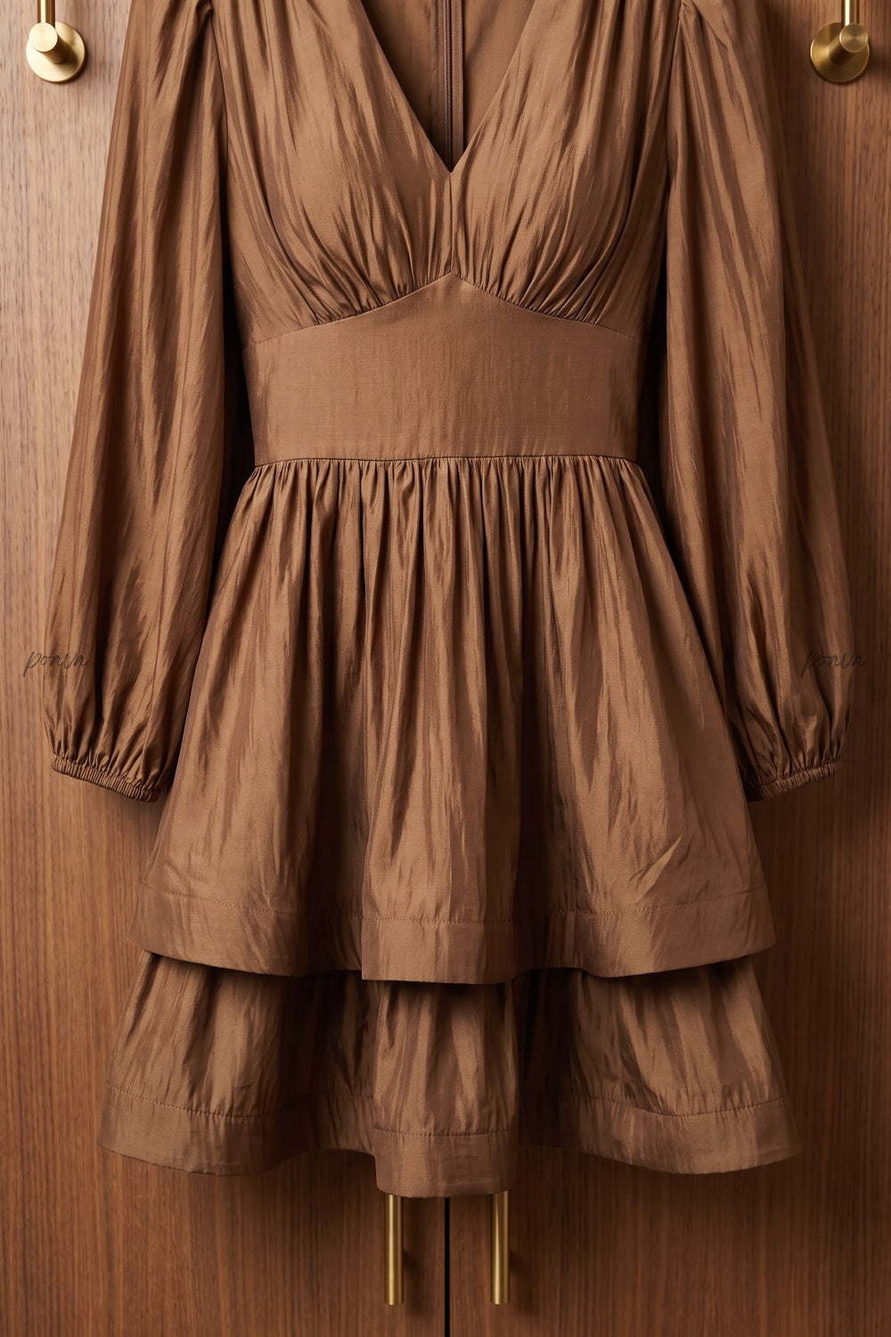 Bronze Brown Taffeta-Like Fit-and-Flare Tiered Mini Dress Flowering Girl