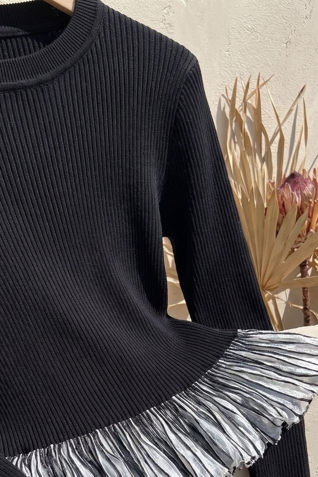 Black Ribbed Knit Two-Piece Set with Metallic Pleated Peplum Flowering Girl