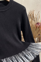 Black Ribbed Knit Two-Piece Set with Metallic Pleated Peplum Flowering Girl