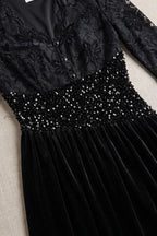 Black Velvet A-Line Midi Dress with Floral Lace and Sequin Waist Flowering Girl