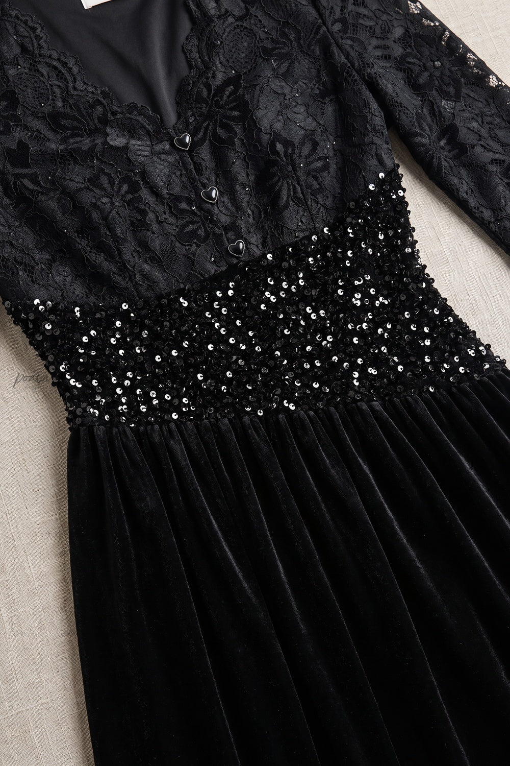 Black Velvet A-Line Midi Dress with Floral Lace and Sequin Waist Flowering Girl