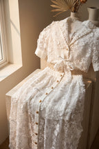 White Sheer 3D Floral Two-Piece Set with Tie-Front Cropped Top and Button-Front Maxi Skirt Flowering Girl
