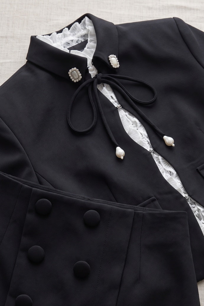 Black Structured Two-Piece Cropped Jacket and Mini Skort Set Flowering Girl