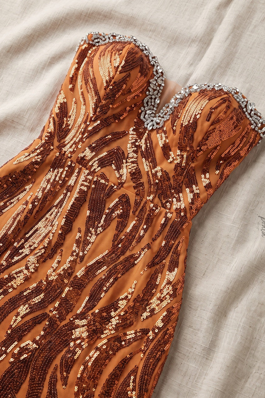 Copper Sequined Mesh Column Dress Flowering Girl